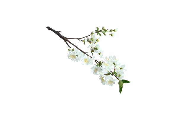 Realistic white artificial cherry blossom stem bringing timeless beauty to any floral arrangement.