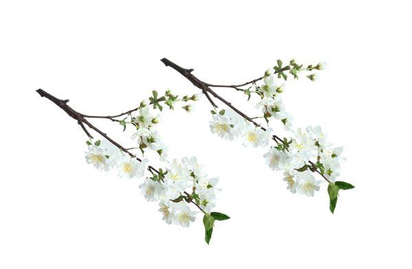 Set of two artificial white cherry blossom stems with realistic flowers and green leaves.