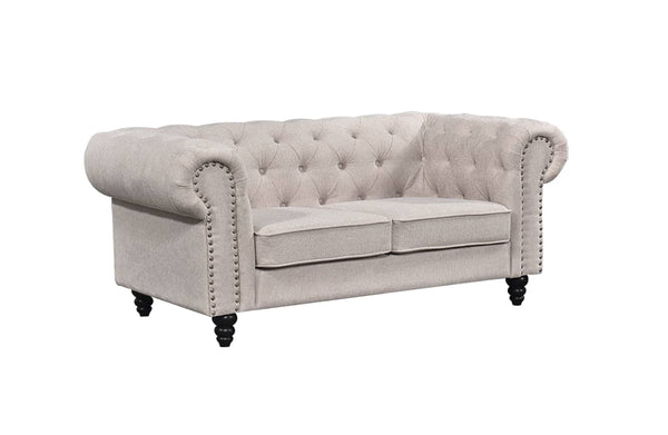 Beige Chesterfield tufted two-seater sofa with rolled arms and timber legs