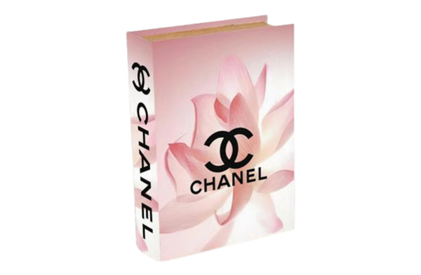 Large pink floral faux book storage box with designer inspired cover and hidden compartment.