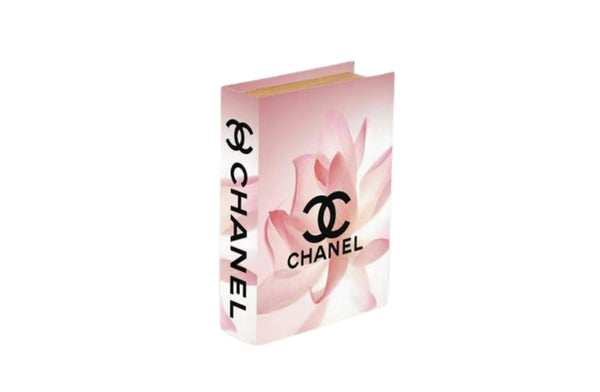 Medium decorative faux book box in white and pink floral design with hidden storage.