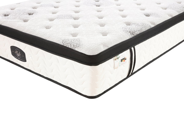 Corner view of Chiro 7 Zone Euro Top mattress with luxury quilting and edge support.