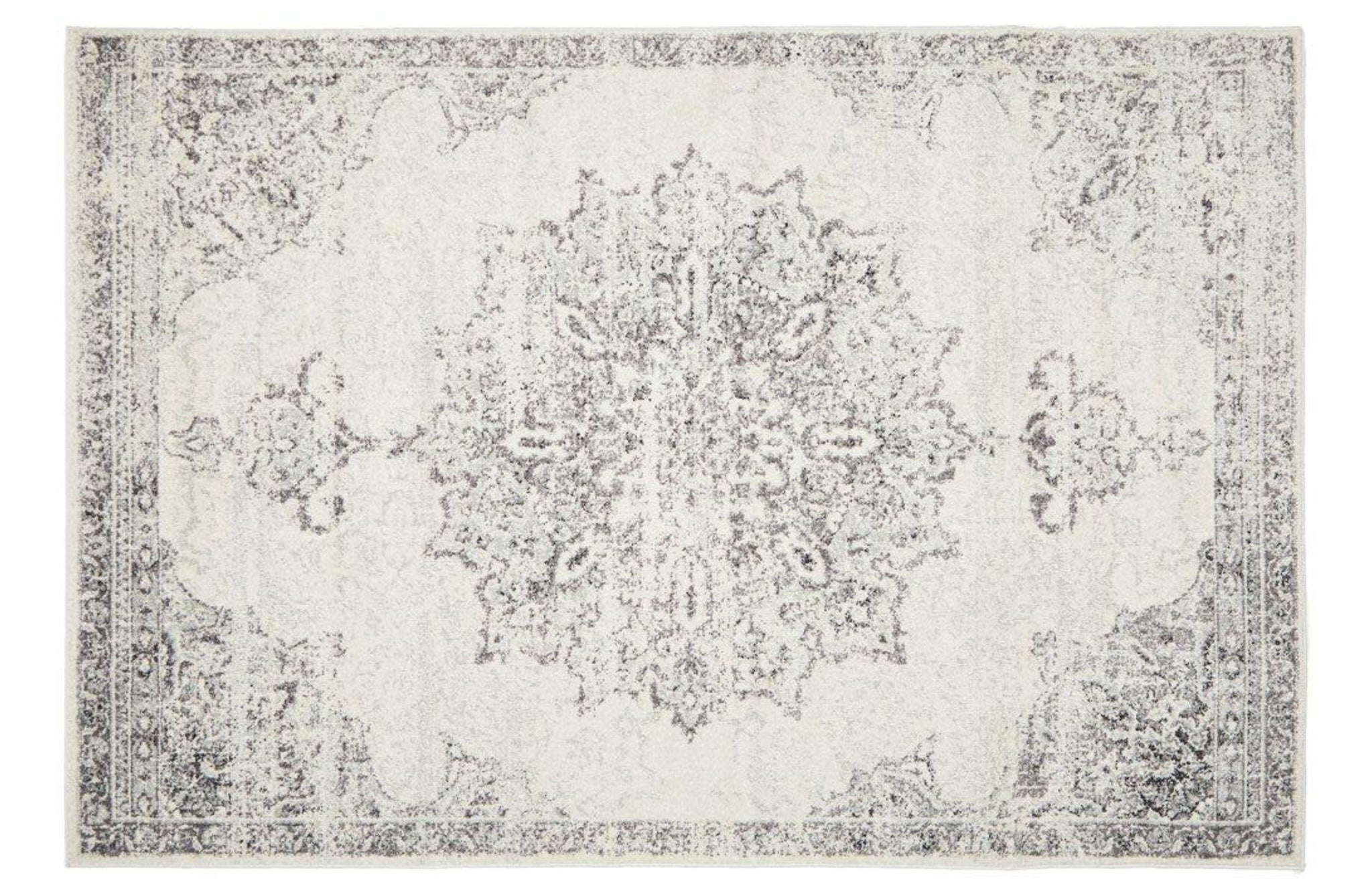 Elegant Chrome Rita Silver Rug featuring ornate geometric and floral motifs in silver, grey, and off-white tones.