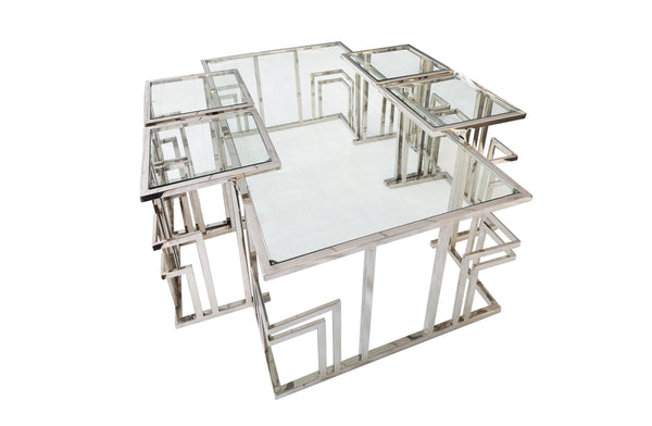 Clara set silver coffee table with four side tables and clear glass tops