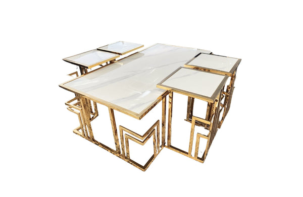 Clara set coffee table with gold frame and luxurious white marble tops