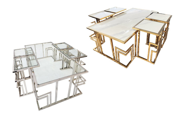 Clara set of 5 gold and silver coffee table with matching side tables