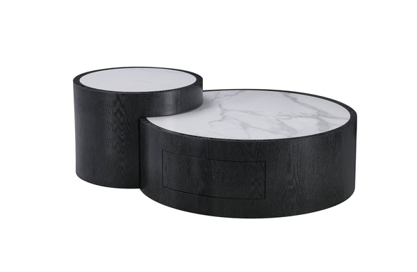 clayton round coffee table set black base white sintered stone top
