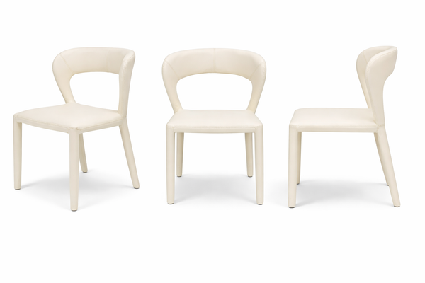 Cream vegan leather dining chairs set with modern curved backrest design