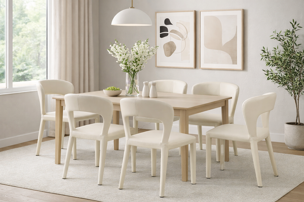 Cream dining chairs styled around table in modern dining room setting