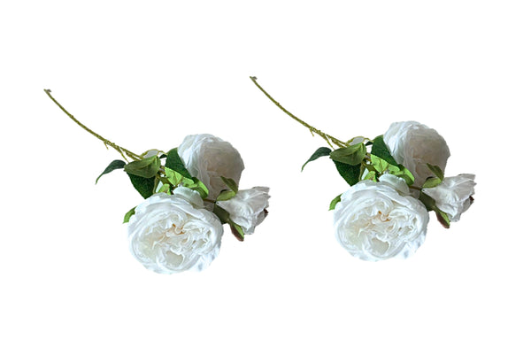Set of two coral artificial rose stems, each with three detailed blooms and lush leaves.