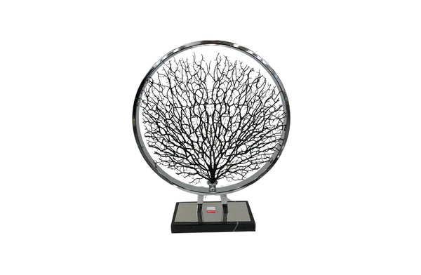 Modern silver coral tree décor on a sleek black base – a striking statement piece for any interior.