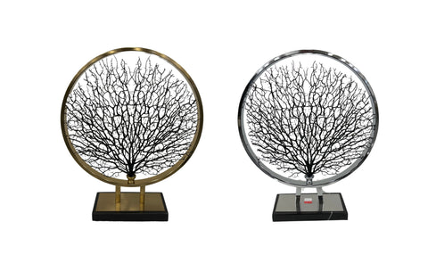Set of two Coral Tree Table Décor pieces featuring intricate black coral designs encased in elegant gold and silver circular frames on black bases, perfect for modern and luxurious interior styling.