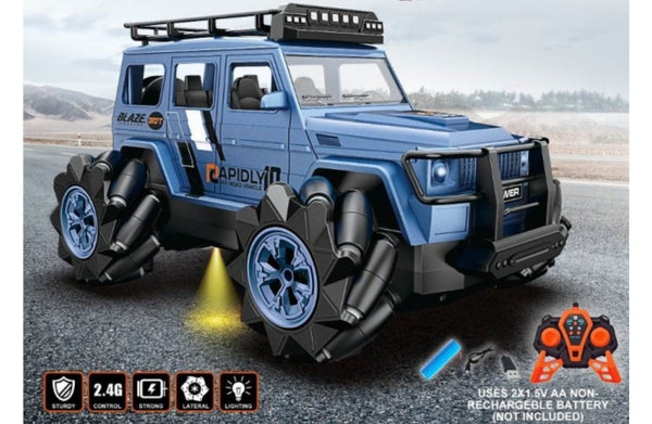 Blue remote control monster truck with stunt drifting and off road design
