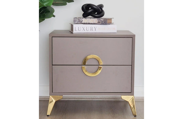 brown bedside table with gold handle styled with decor modern bedroom
