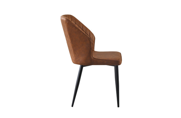 Side view of brown cross pattern dining chair with black legs, contemporary dining furniture.