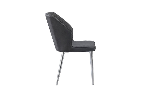 Side view of charcoal cross pattern dining chair with silver legs, modern sleek design