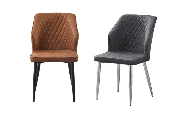 Cross pattern dining chairs in brown with black legs and charcoal with silver legs, modern style.
