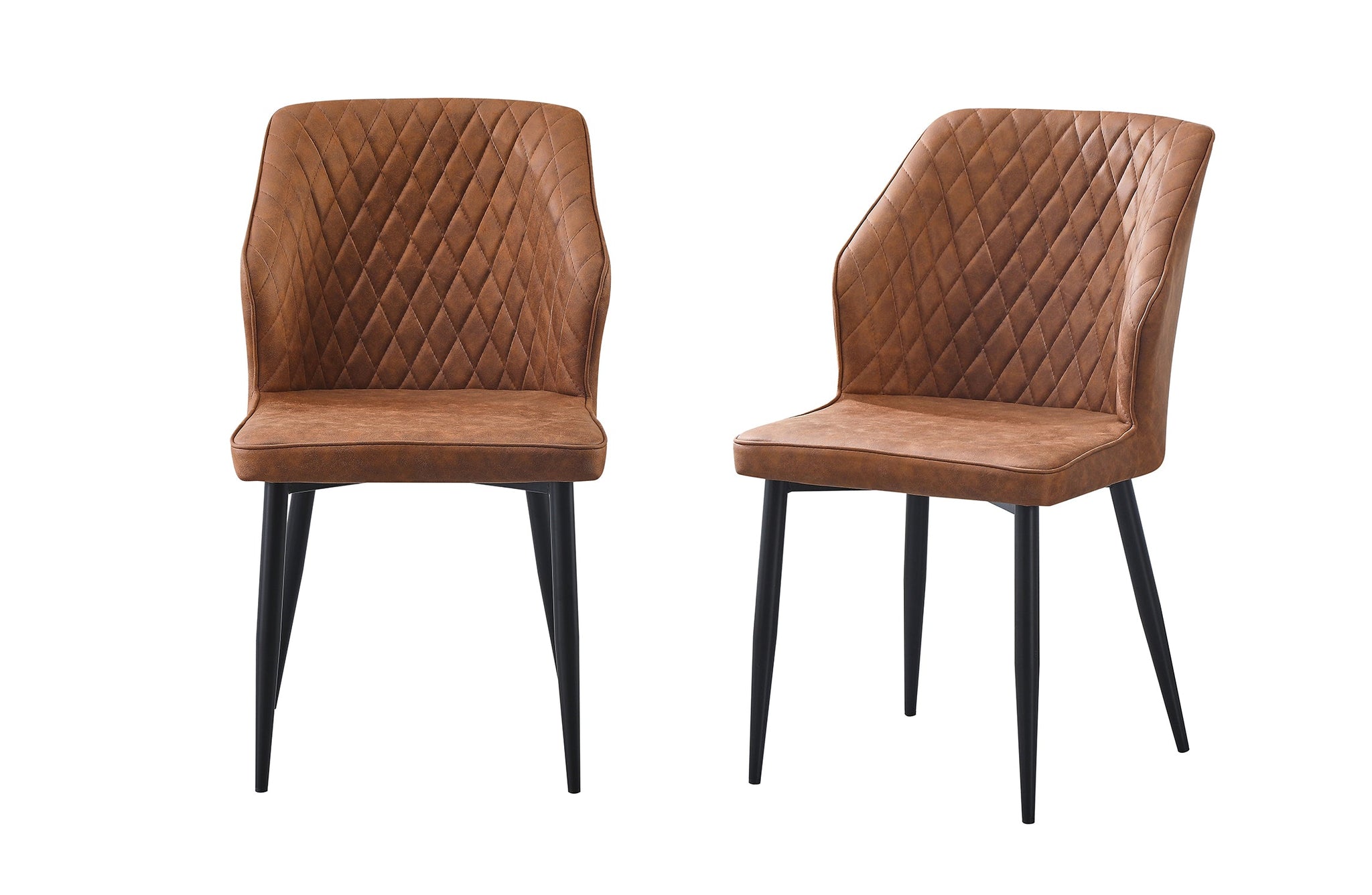 Front and angled view of brown cross pattern dining chairs with black legs, diamond-stitched seat design.