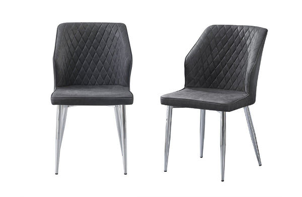 Front and angled view of charcoal cross pattern dining chairs with silver legs, upholstered microfiber design.