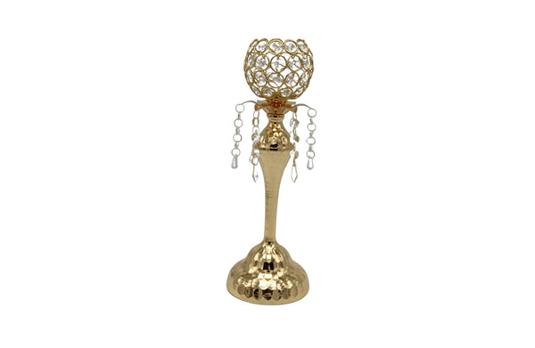 Large gold crystal ball candle holder with a hammered base and hanging crystal strands – adds a luxurious glow to any décor.