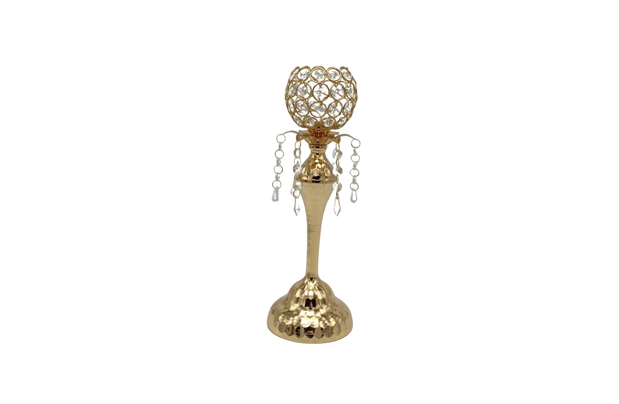 Small gold crystal ball candle holder with elegant hanging crystals – perfect as a chic decorative accent.