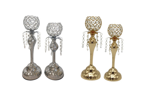 Elegant set of gold and silver crystal ball candle holders with hanging crystal accents — available in large and small sizes for a luxurious decorative touch.