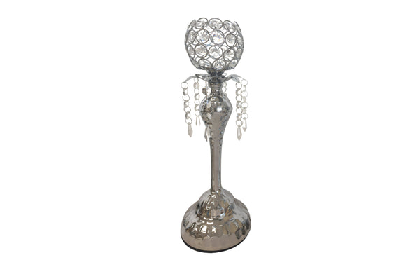 Tall silver crystal ball candle holder with dazzling crystal drops and reflective hammered base – a striking statement piece.