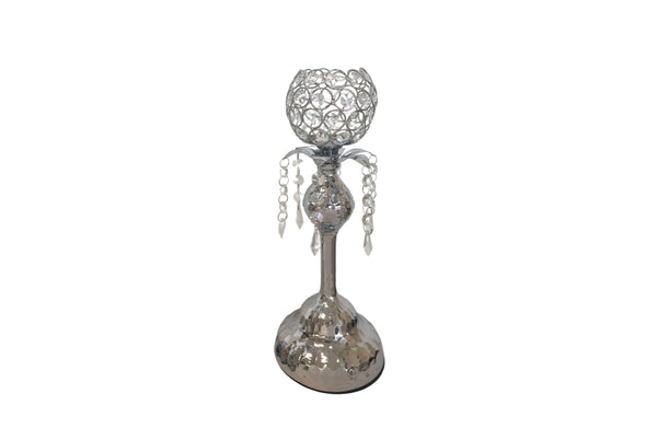 Compact silver crystal ball candle holder featuring sparkling crystal beads – ideal for tabletops or mantle décor.
