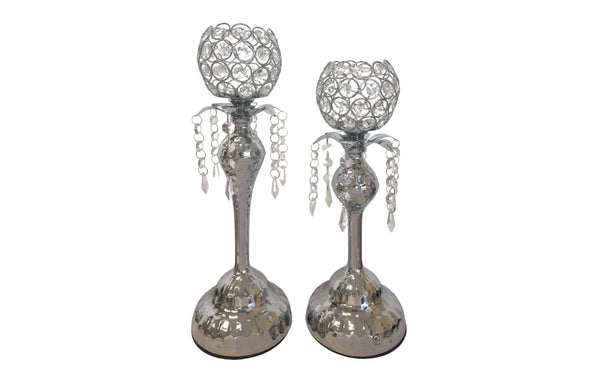 Set of two silver crystal ball candle holders with dangling crystals, featuring a hammered metal finish — available in large and small sizes.
