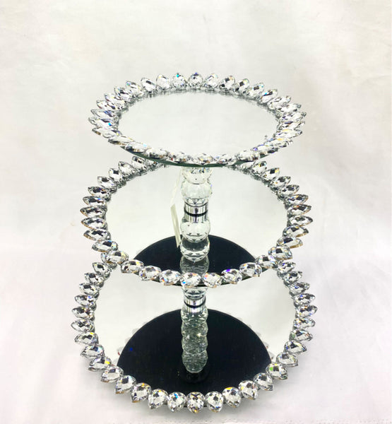 Luxurious 3 tier crystal cake stand with diamond-cut edge and mirrored glass plates.