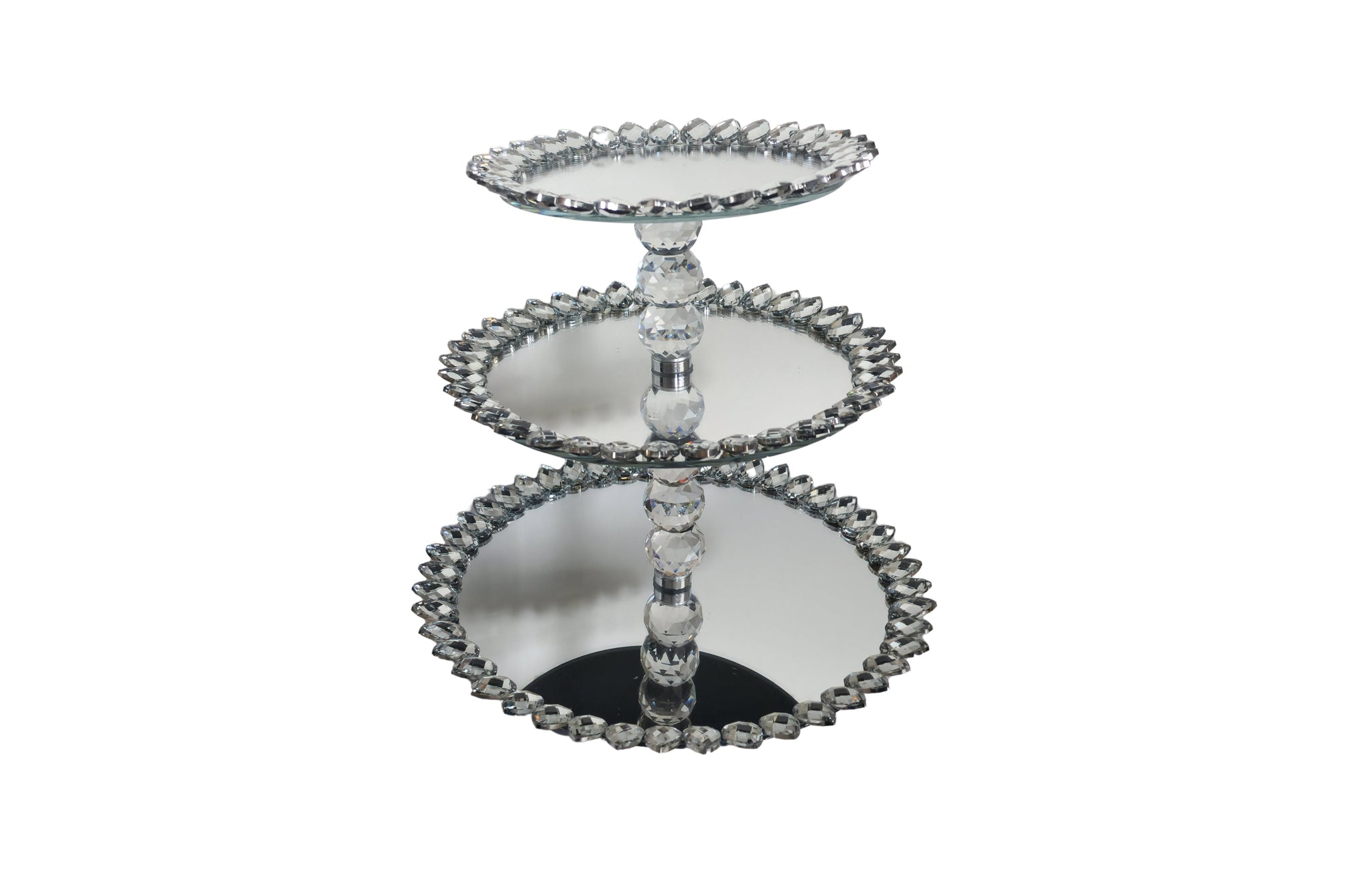  Elegant 3 tier mirrored crystal cake stand with silver edging for stylish dessert display.
