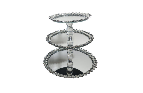  Elegant 3 tier mirrored crystal cake stand with silver edging for stylish dessert display.