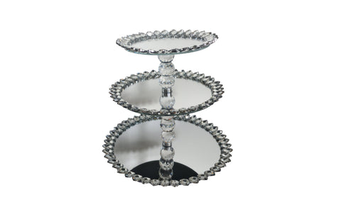 Elegant 3 tier mirrored crystal cake stand with silver edging for stylish dessert display.