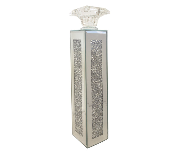 Tall elegant crystal candle holder, ideal for luxe centerpiece styling.