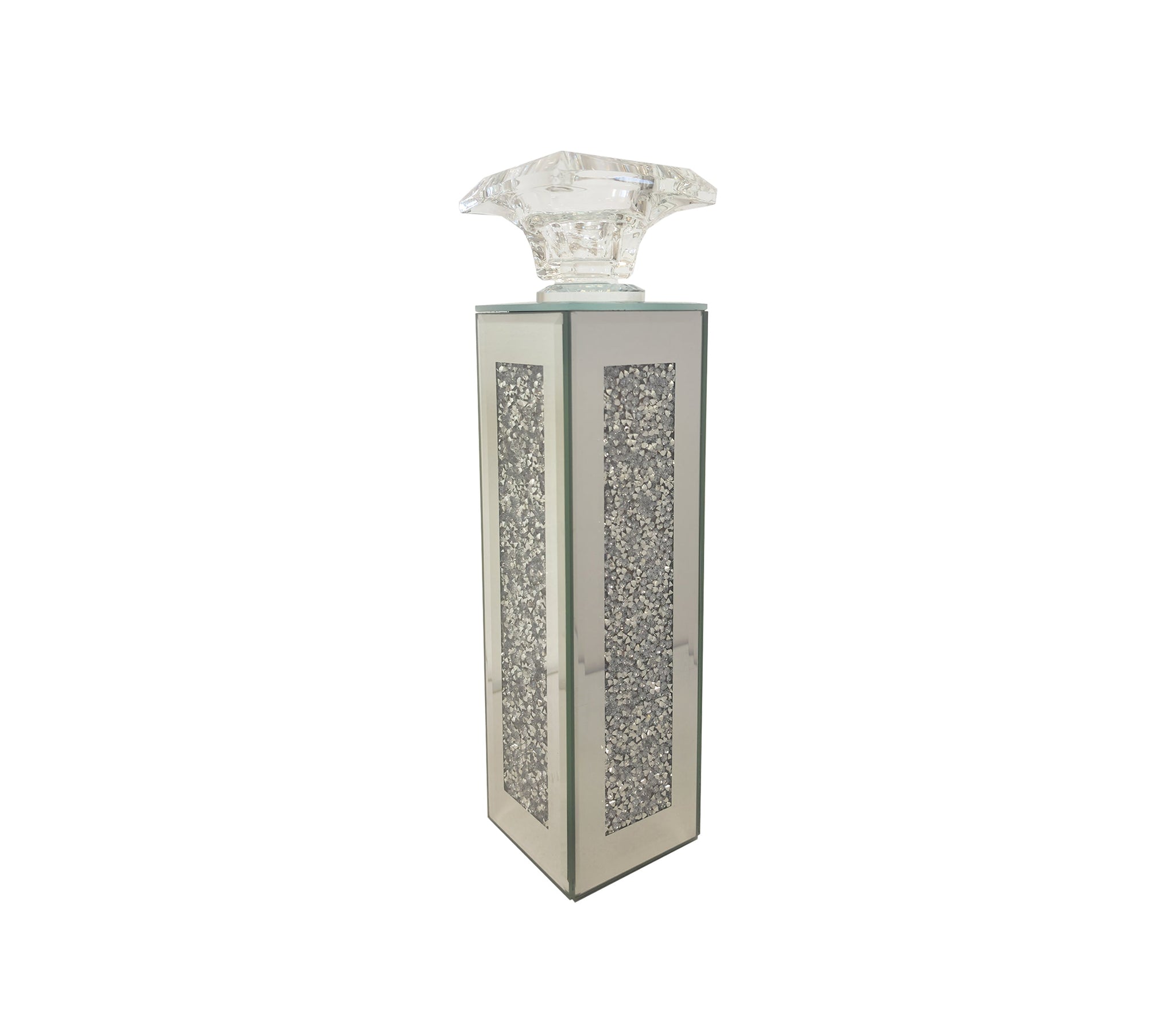 Compact crystal candle holder with mirrored panels, perfect for accents.