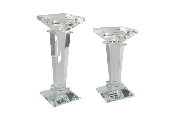 Elegant square crystal candle holder set with a sleek, clear design in two sizes.