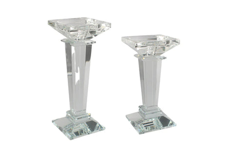 Elegant square crystal candle holder set with a sleek, clear design in two sizes.