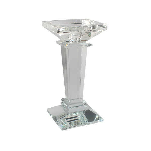 Stylish small square crystal candle holder with clear faceted design for modern décor.