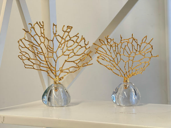 Gold Crystal Tree Table Décor set with clear crystal bases displayed on a modern white surface, showcasing elegant branch design