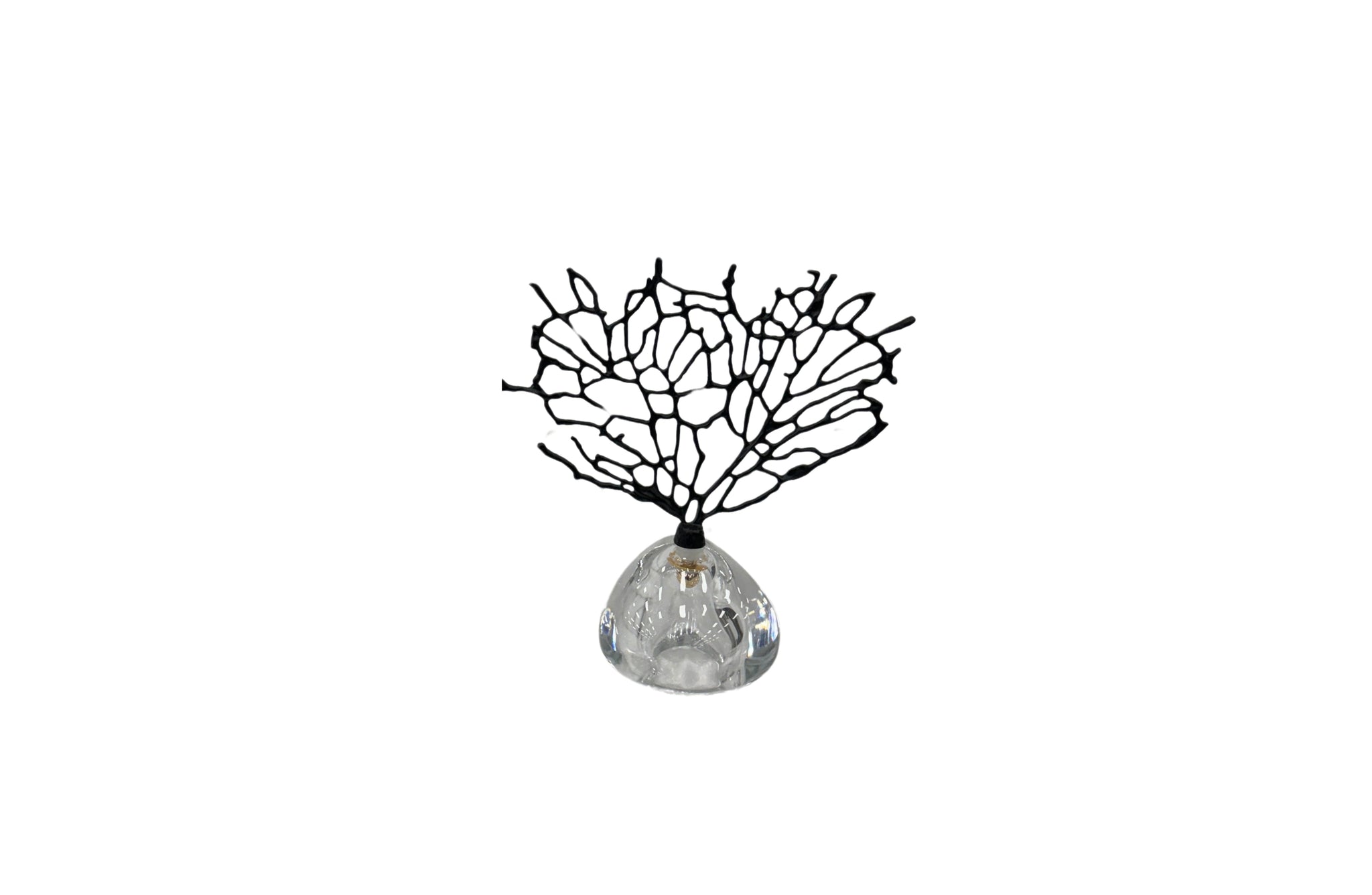 Small Black Crystal Tree Table Décor with a clear rounded base and abstract black coral-like branches for elegant display