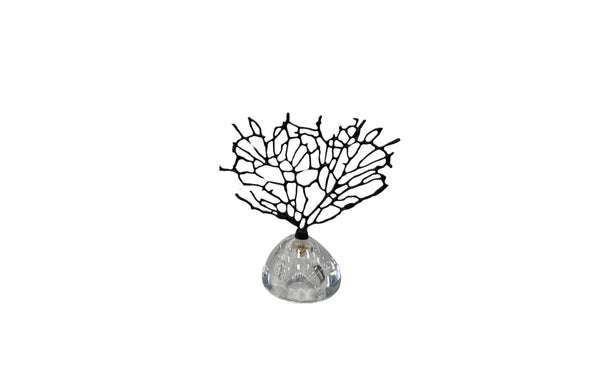 Small Black Crystal Tree Table Décor with a clear rounded base and abstract black coral-like branches for elegant display