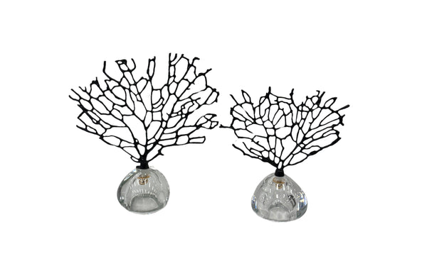 Black Crystal Tree Table Décor set featuring two sizes with clear crystal bases and intricate black tree branches