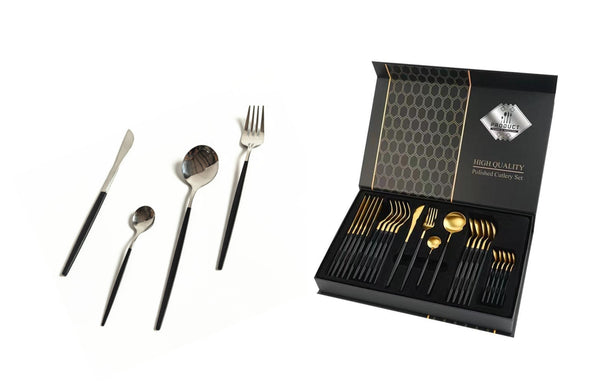 Keily Deluxe Cutlery Set – Black & Gold, Black & Silver (24-Piece Set)