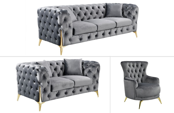GRAND dark grey velvet lounge with plush tufting and gold legs