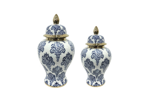  Elegant blue and white damask ceramic urn set with gold accents for classic décor.