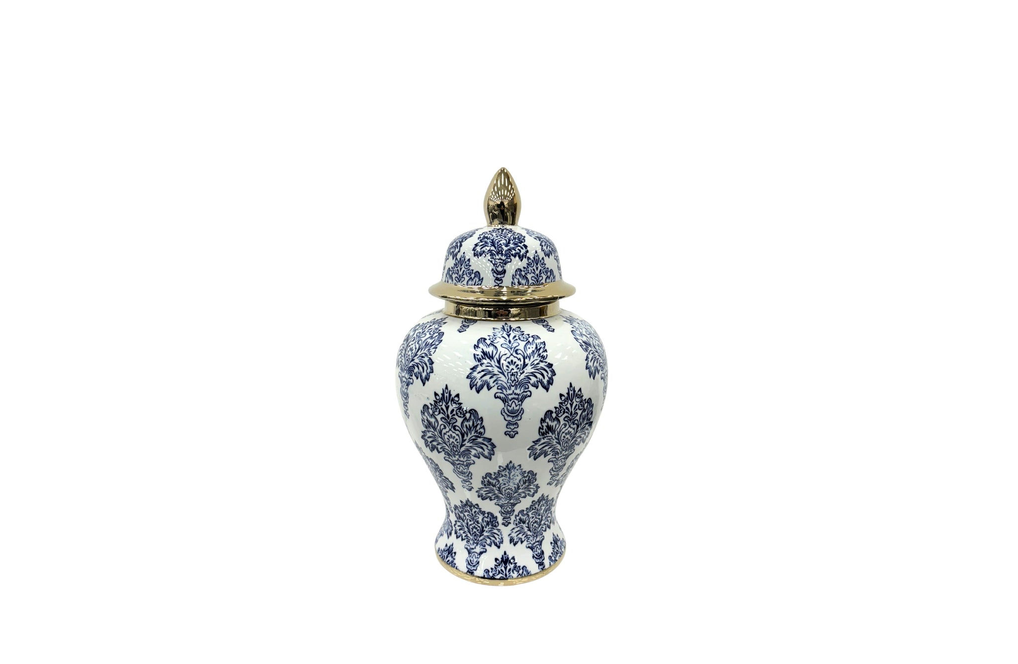 Small blue and white damask ceramic urn with gold accents for a classic touch.