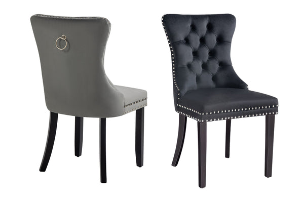 Set of 2 - Alsea Velvet & Rubberwood Dining Chairs Upholstered Tufted Stud Trim and Ring