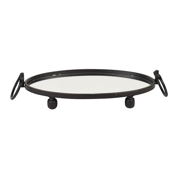 Modern oval black mirror tray with handles – sleek and sophisticated accent.