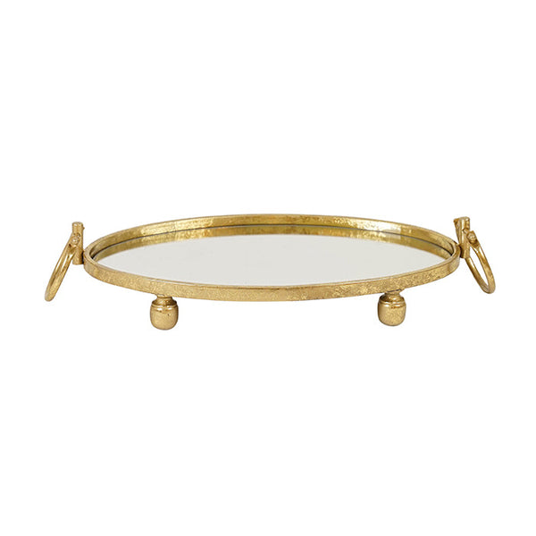 Chic oval gold mirror tray with handles – modern, elegant, and eye-catching.