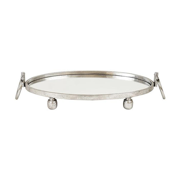 Elegant oval silver mirror tray with handles – timeless and versatile style.